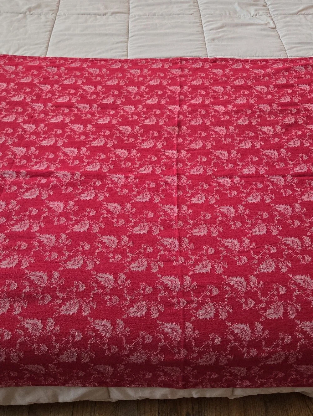 Martha Stewart Red Cotton Blanket With Leaves, Holiday Throw